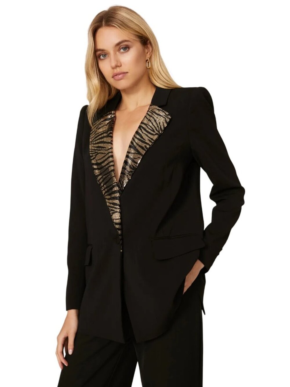 Badgley Mischka  Zebra Lapel Boyfriend Blazer in Black 8 Womens Jacket
